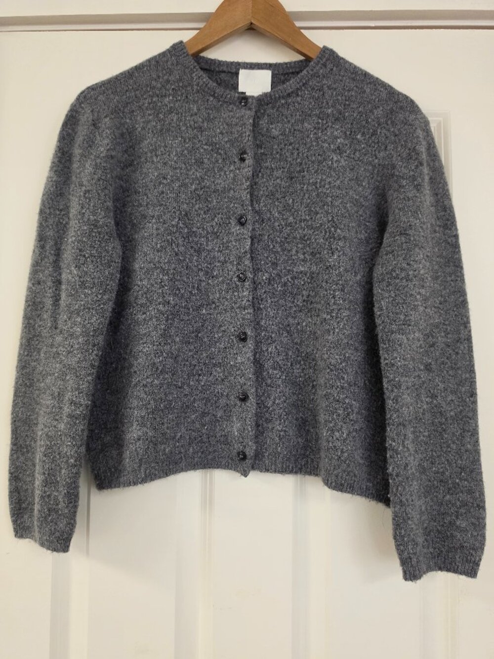 H&M cozy gray melange knit cardigan, classic crew neckline, button-front design